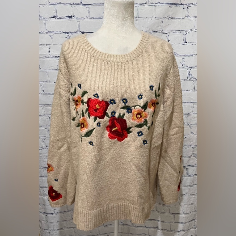 Cliche Pullover Sweater Long Sleeve Embroidery Slit Sides Scoop Neck Size 2X